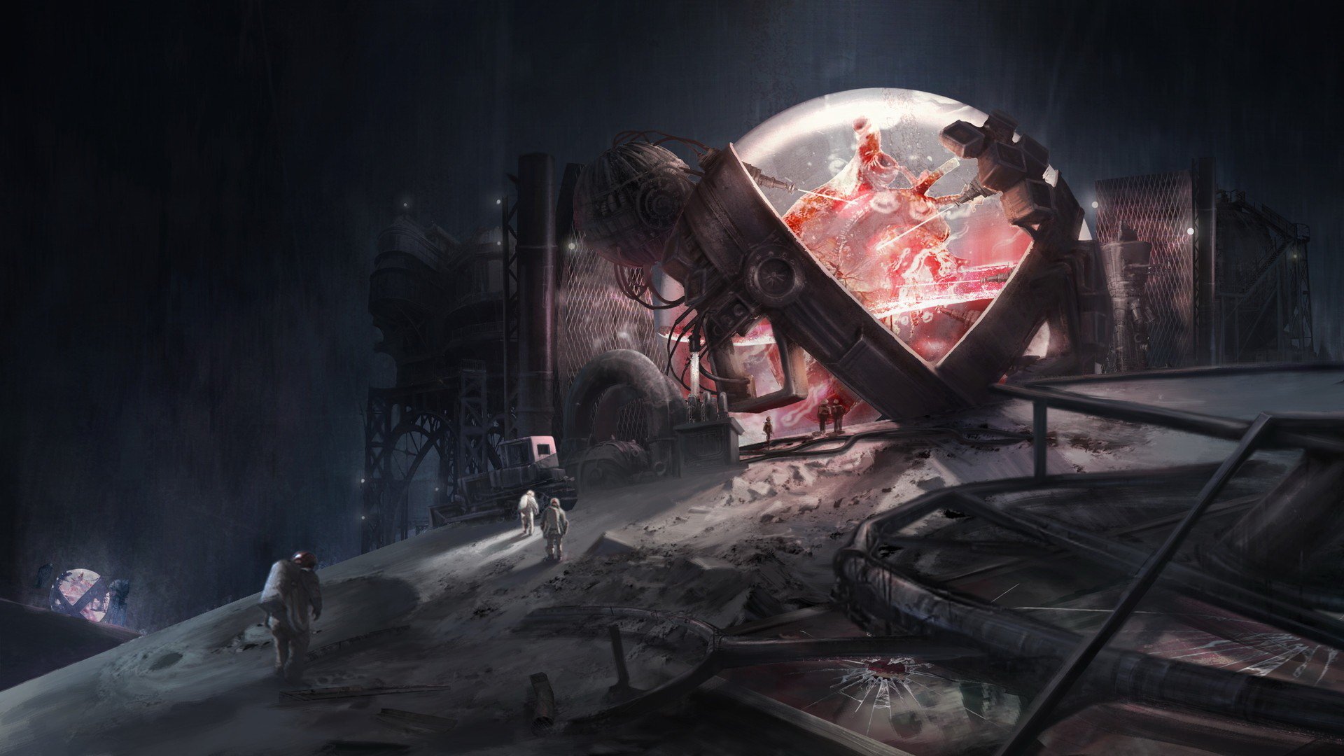 Sci-fi alien scene on a dark lunar landscape featuring astronauts and a large, illuminated containment sphere displaying an alien creature, designed as an HD PC desktop wallpaper.