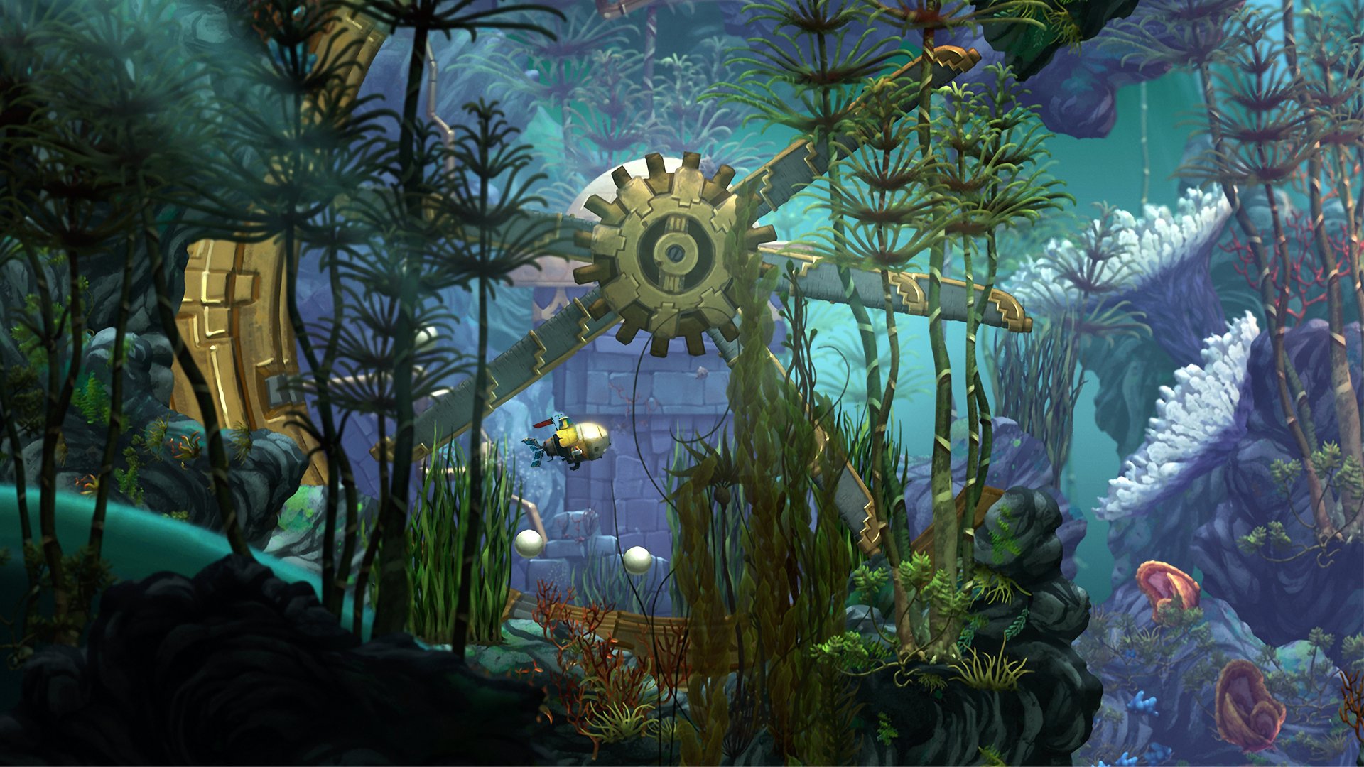 HD desktop wallpaper from Song of the Deep featuring a submarine exploring an underwater scene with gear and ruins.