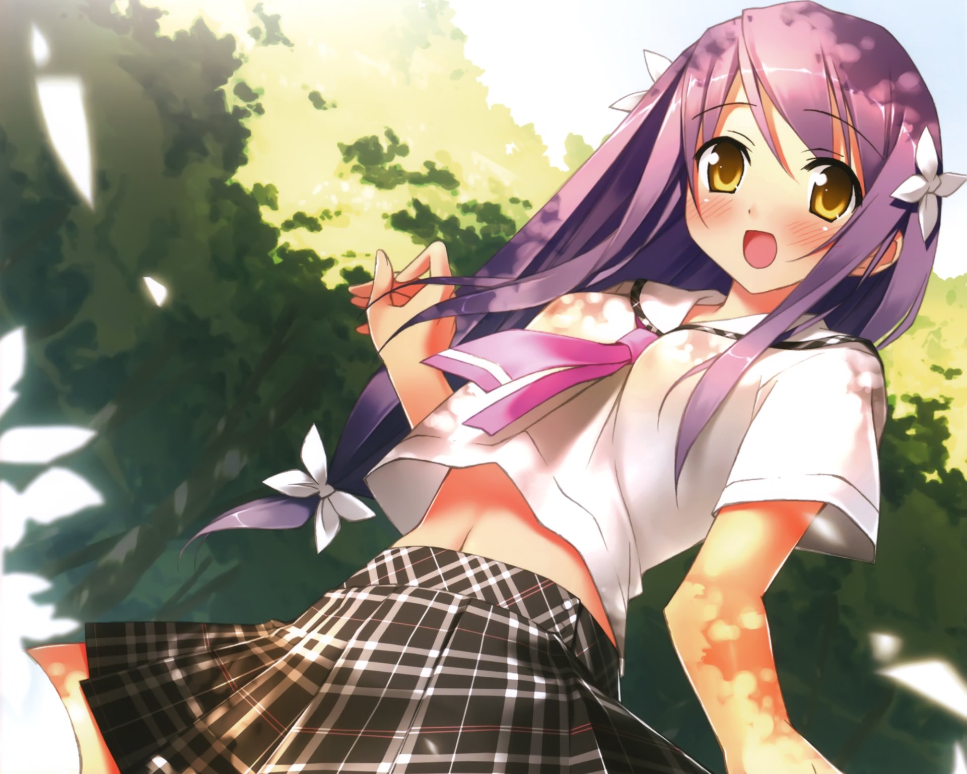 HD PC desktop wallpaper featuring a vibrant anime-style girl with purple hair and a school uniform from the original series 5 Nenme no Houkago.