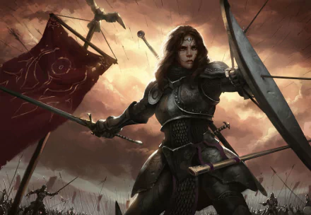 A fierce woman warrior with brown hair stands ready for battle, wielding a sword and shield, adorned in armor, against a dramatic sky filled with arrows and banners. Full of fantasy elements.