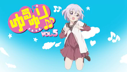 HD PC desktop anime wallpaper: Chitose Ikeda from YuruYuri — pink‑haired schoolgirl in uniform floats among clouds and musical notes on a bright blue background with Vol.5 logo.
