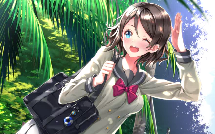 HD PC wallpaper featuring You Watanabe from the anime Love Live! Sunshine!!, smiling and winking with lush green palm leaves in the bright background.