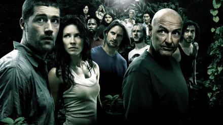 HD PC desktop wallpaper featuring the main cast of the TV show Lost standing together in a mysterious jungle setting.
