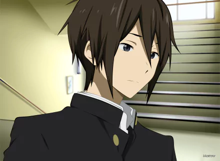 HD anime-style desktop wallpaper featuring Masashi Toogaito from Hyouka, depicting a close-up of his face with a neutral expression against a stairwell background.