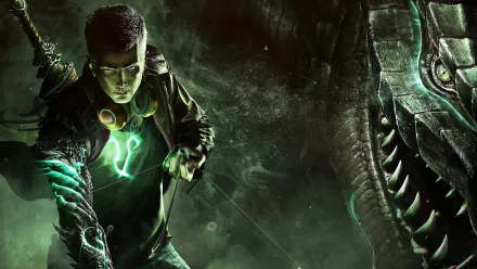 4K Ultra HD PC desktop wallpaper featuring a character from the video game Scalebound with glowing green elements and a fierce dragon in a dark, misty setting.