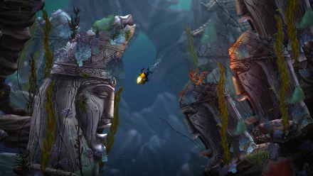 HD desktop wallpaper from Song of the Deep featuring underwater ruins and a submarine exploring a mysterious ocean.