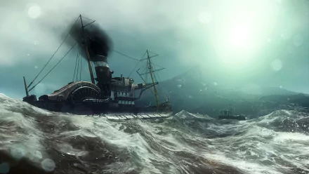 HD PC desktop wallpaper from the video game Dishonored 2, featuring a steam-powered ship navigating stormy seas under a foggy, moonlit sky.