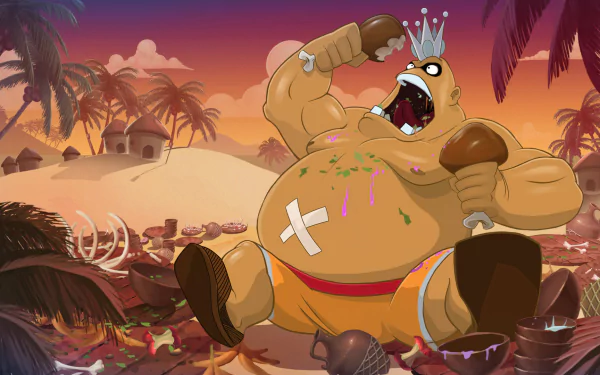 HD PC desktop wallpaper/background from the video game Punch-Out!! showing a crowned, hulking cartoon boxer voraciously eating drumsticks amid palm trees and a fiery sunset.