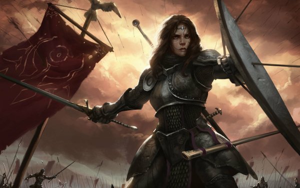 Fantasy Women Warrior Woman Warrior Battle Armor Shield Sword Banner Arrow Brown Hair HD Wallpaper | Background Image