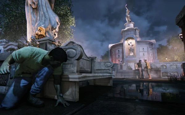 4K Ultra HD PC wallpaper from Mafia III features a stealthy character crouching near a fountain in a dimly lit, atmospheric urban setting at night.