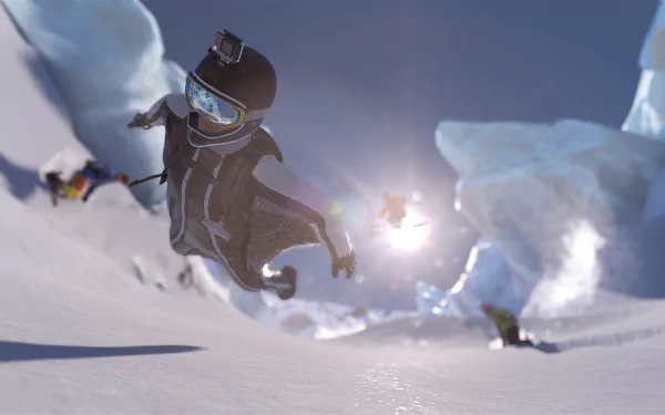 HD PC desktop wallpaper from the video game Steep, showing a character snowboarding down a snowy mountain with dynamic motion and bright lighting effects.