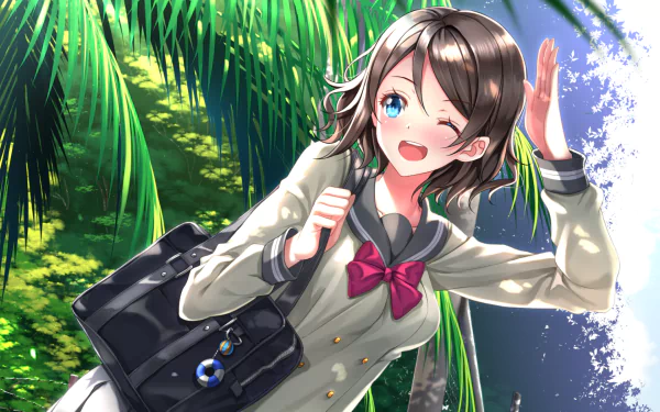 HD PC wallpaper featuring You Watanabe from the anime Love Live! Sunshine!!, smiling and winking with lush green palm leaves in the bright background.