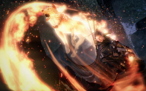 A dynamic HD wallpaper from the game Nioh features a fierce character wielding a sword, accompanied by a fiery spirit dog, showcasing a captivating blend of action and fantasy.