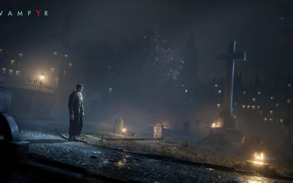 Dark, atmospheric HD PC desktop wallpaper from the video game Vampyr, showing a lone figure standing near graves in a foggy, dimly lit urban graveyard at night.