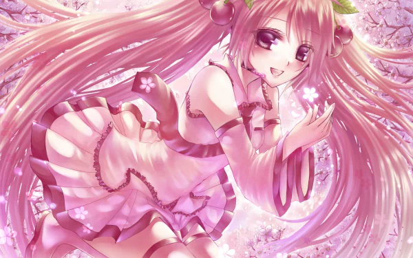 A vibrant HD wallpaper featuring Sakura Miku, showcasing her pink hair in twintails and a playful pose among cherry blossoms, embodying the essence of anime and Vocaloid aesthetics.