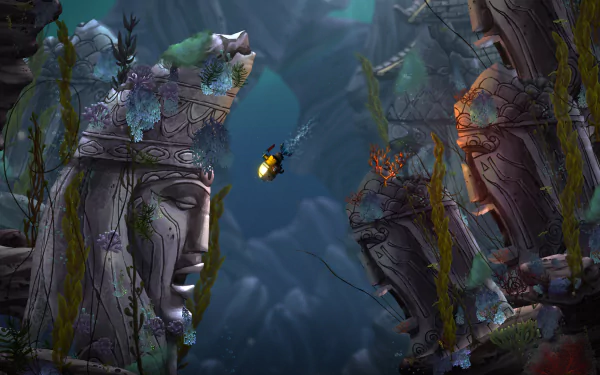 HD desktop wallpaper from Song of the Deep featuring underwater ruins and a submarine exploring a mysterious ocean.