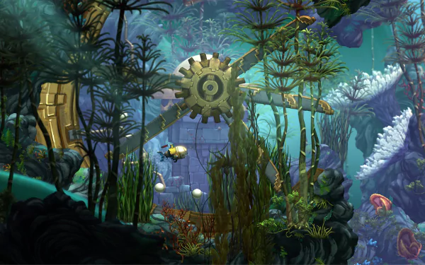 HD desktop wallpaper from Song of the Deep featuring a submarine exploring an underwater scene with gear and ruins.