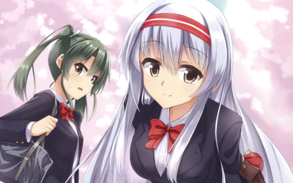 HD anime wallpaper featuring Shoukaku and Zuikaku from Kantai Collection, set against a soft pink sakura background.