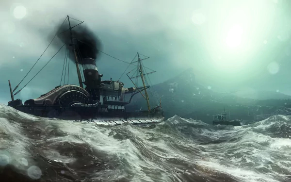 HD PC desktop wallpaper from the video game Dishonored 2, featuring a steam-powered ship navigating stormy seas under a foggy, moonlit sky.