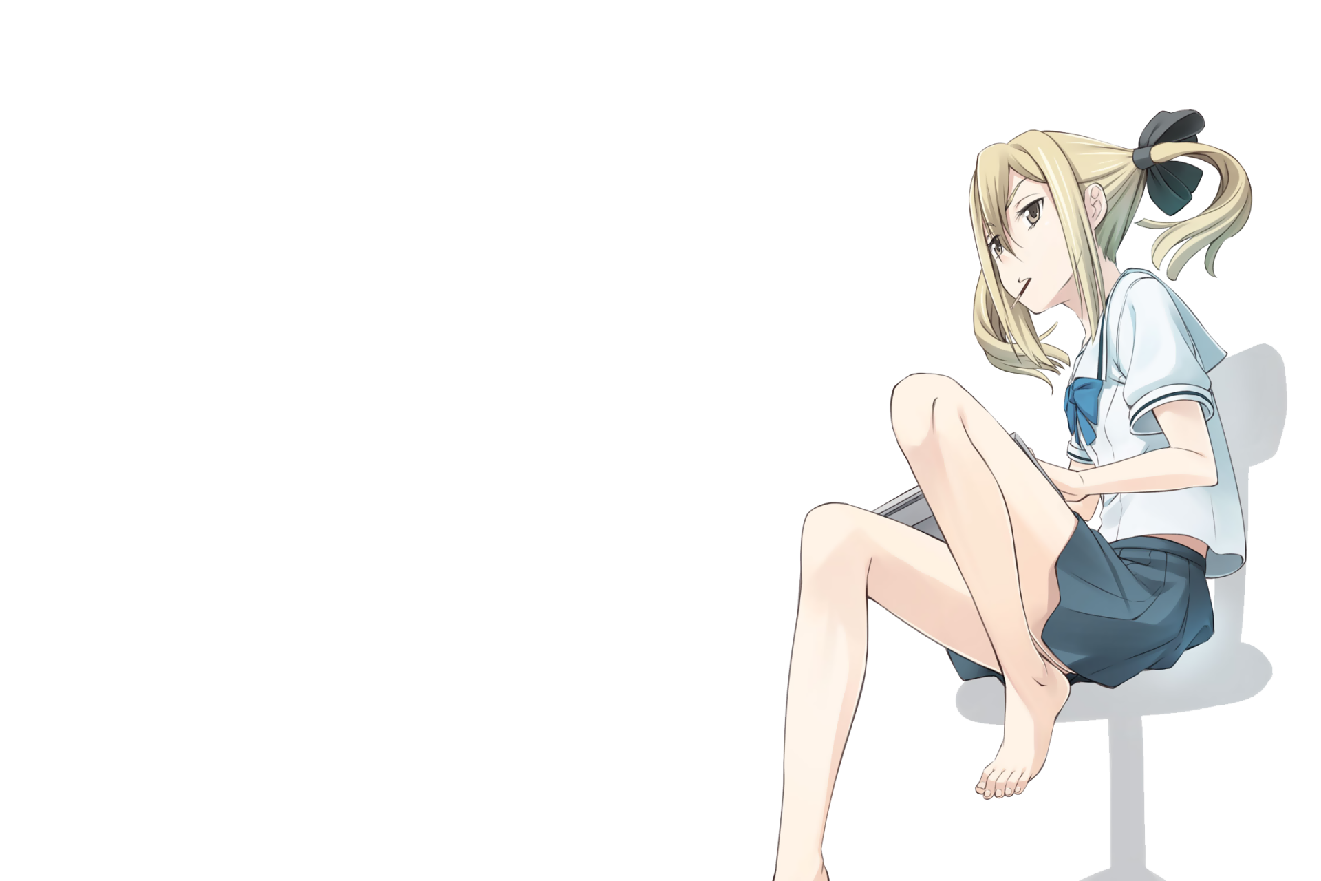 HD PC desktop wallpaper of an Anime (Robotics;Notes) girl in a school uniform, barefoot and seated on a stool at the right against a clean white background.
