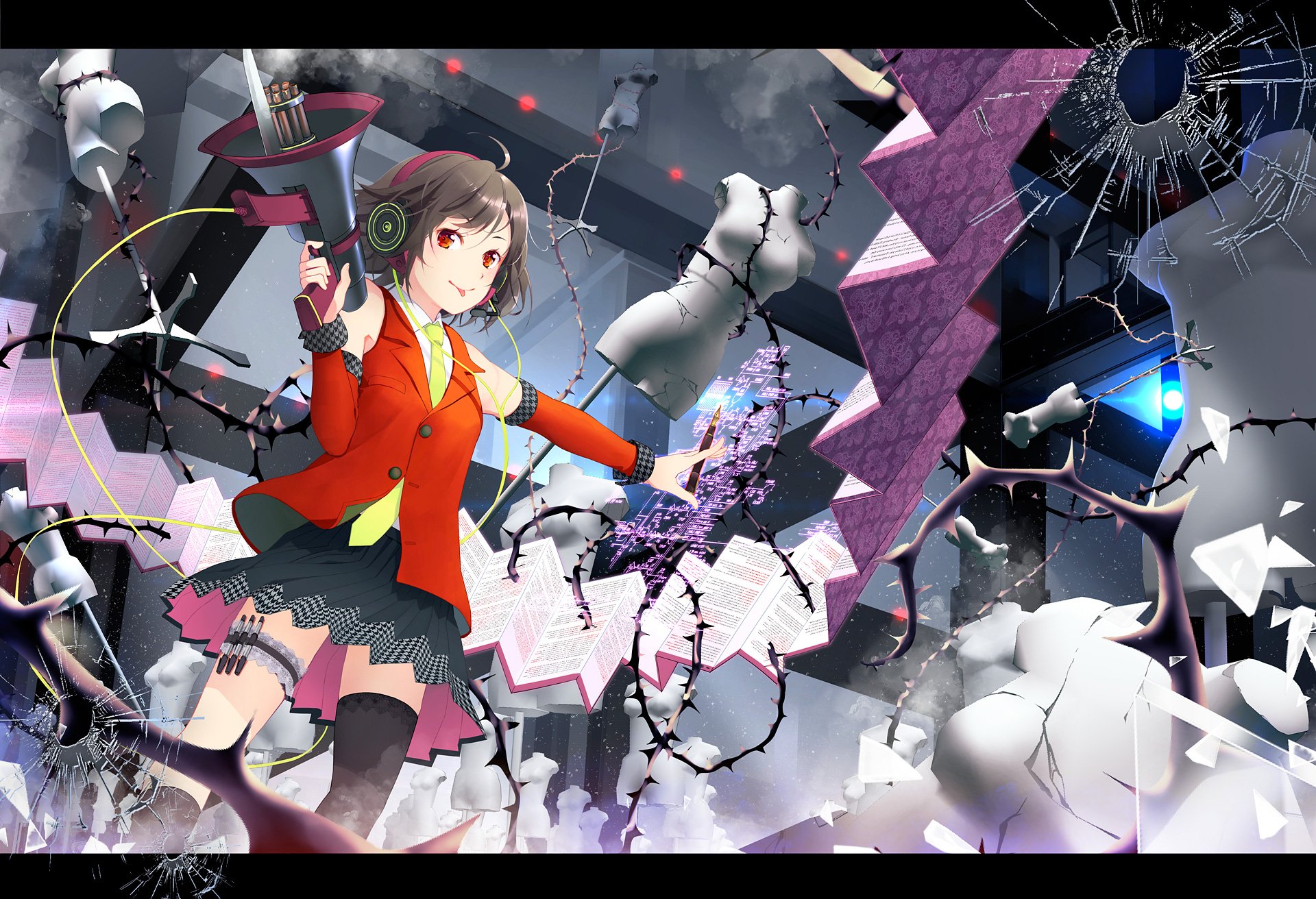 HD anime original desktop wallpaper featuring a dynamic female character in an orange jacket amidst shattered glass and abstract mechanical elements.