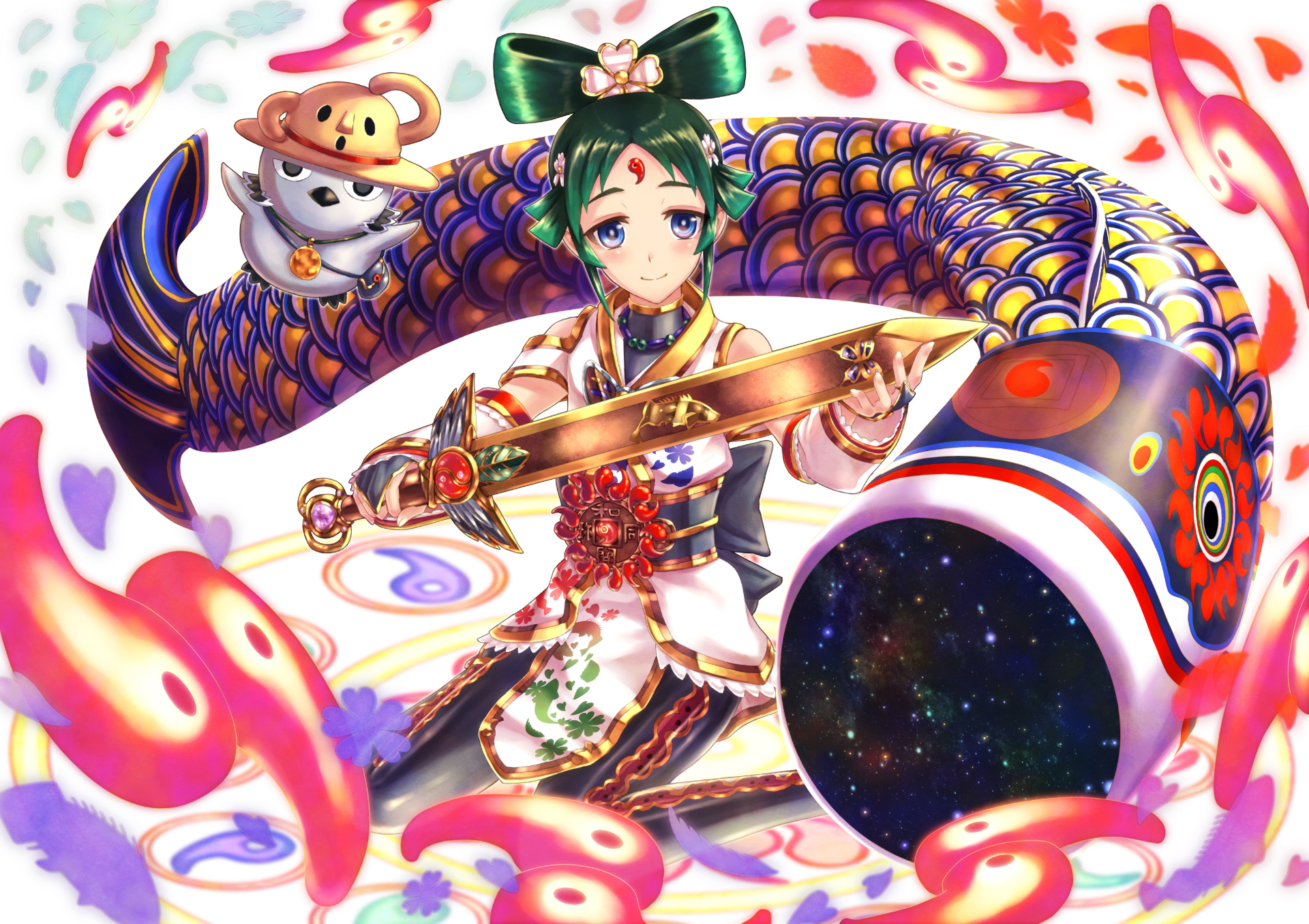 HD anime original artwork featuring a girl with a sword, a colorful koi fish, and a small monkey, designed as a vibrant PC desktop wallpaper.