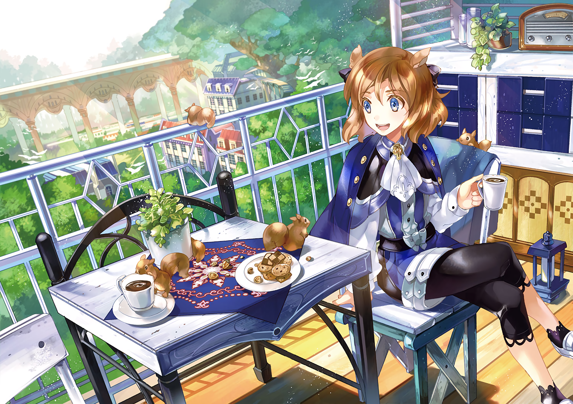 A cheerful anime character enjoys a serene morning on a balcony, sipping coffee and surrounded by delicious treats, set against a vibrant, lush background. HD PC desktop wallpaper.