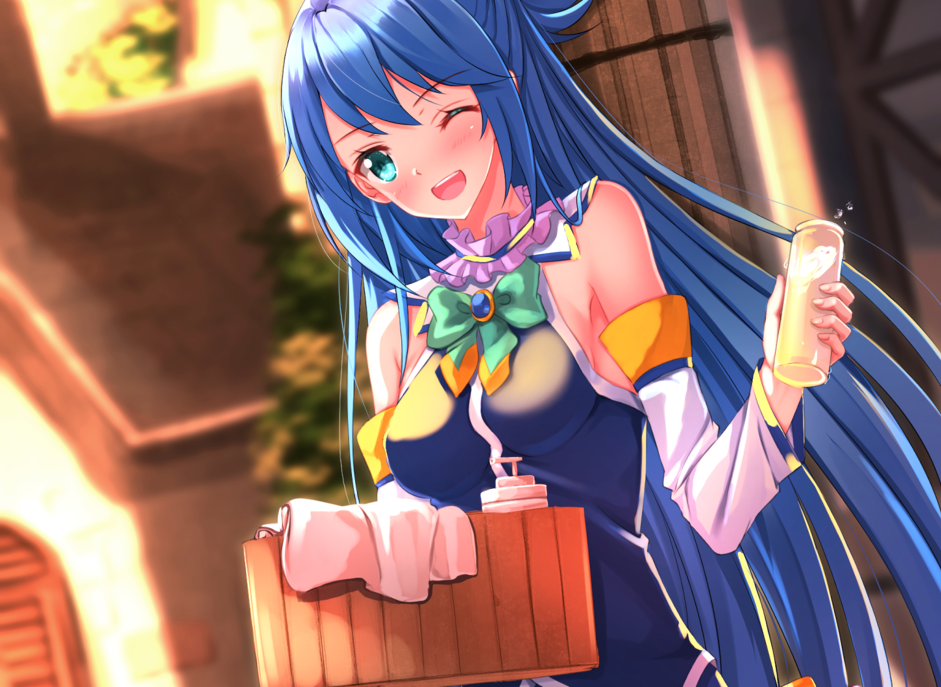 Aqua from KonoSuba smiles and winks, holding a drink, set against a vibrant background. This high-definition wallpaper captures the lively essence of KonoSuba - God’s Blessing on This Wonderful World!!.