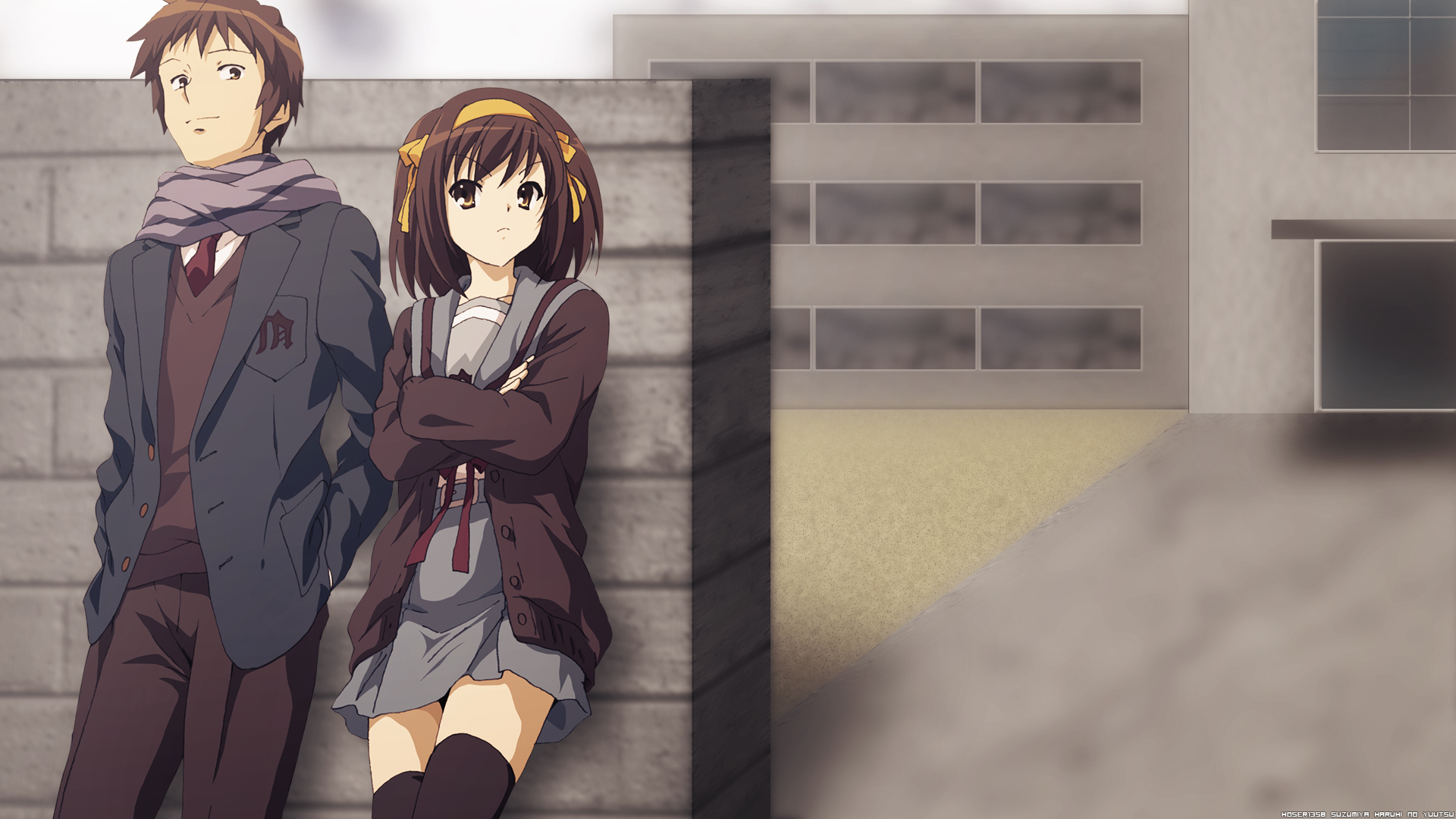 HD anime wallpaper featuring Kyon and Haruhi Suzumiya in school uniforms, with Haruhi wearing a skirt, from The Melancholy of Haruhi Suzumiya.