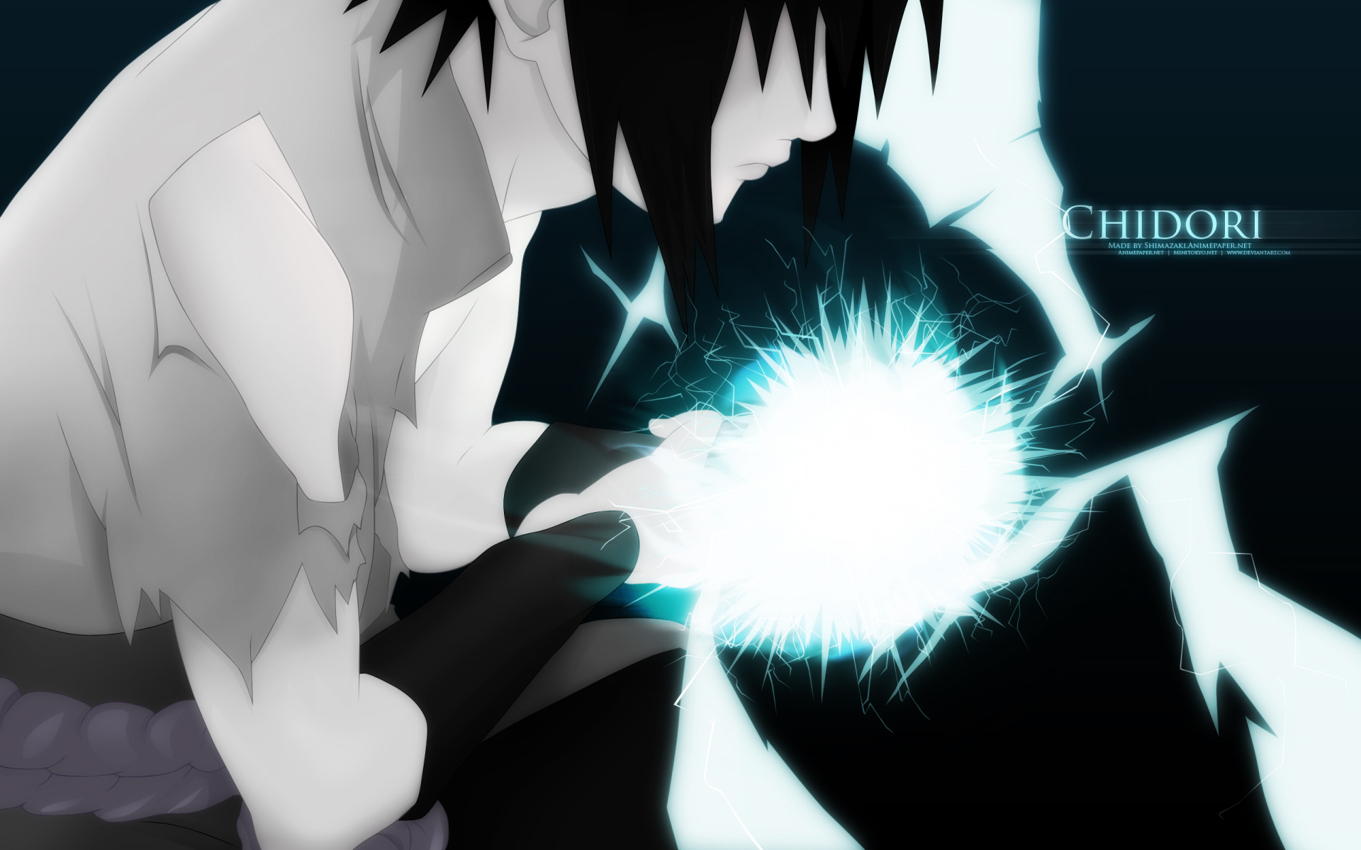 HD PC desktop wallpaper featuring Sasuke Uchiha from Naruto, showcasing his iconic Chidori technique with bright blue lightning effects.