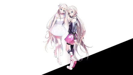 Anime-style HD wallpaper featuring two Vocaloid IA characters with long blonde hair and blue eyes, one in a white dress and the other in a black and pink outfit.