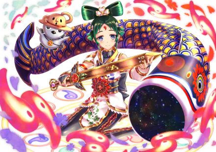 HD anime original artwork featuring a girl with a sword, a colorful koi fish, and a small monkey, designed as a vibrant PC desktop wallpaper.