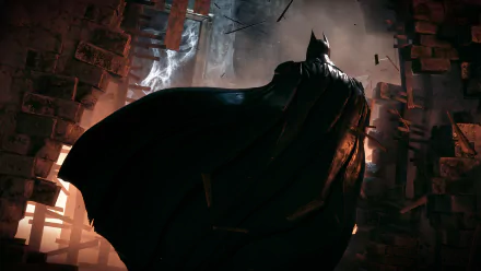 HD desktop wallpaper featuring Batman from the video game Batman: Arkham Knight, showcasing a dark and intense scene with Batman standing amidst ruins.