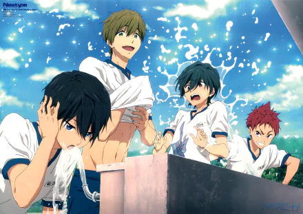 Four characters from the anime Free!—Ikuya Kirishima, Asahi Shiina, Makoto Tachibana, and Haruka Nanase—are having fun splashing water in this vibrant HD wallpaper.