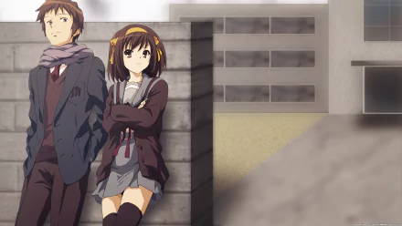 HD anime wallpaper featuring Kyon and Haruhi Suzumiya in school uniforms, with Haruhi wearing a skirt, from The Melancholy of Haruhi Suzumiya.