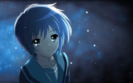 HD anime desktop wallpaper featuring Yuki Nagato from The Melancholy of Haruhi Suzumiya, depicted with a serene expression against a dark, starry background.