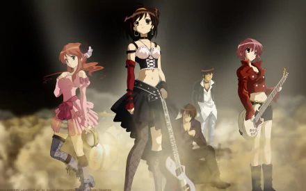 HD PC desktop wallpaper of The Melancholy of Haruhi Suzumiya: Haruhi center with Yuki Nagato, Mikuru Asahina, Itsuki Koizumi and Kyon on a smoky, spotlighted stage.