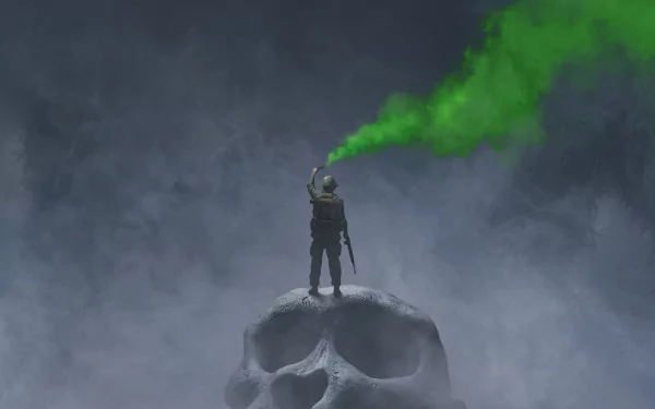 HD desktop wallpaper from the movie Kong: Skull Island, featuring a figure standing atop a giant skull with green smoke against a misty background.