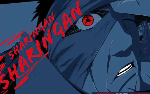 HD anime wallpaper featuring a close-up of Naruto character with intense Sharingan eyes, set against a dark background with bold red text.