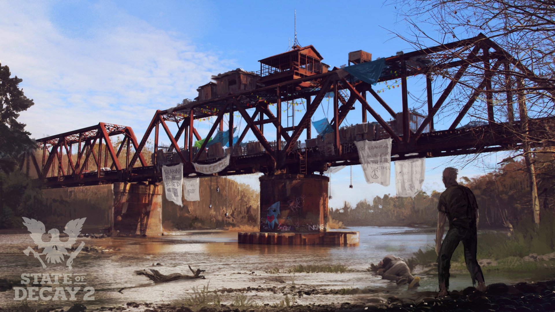 4K Ultra HD wallpaper featuring a detailed scene from the video game State of Decay 2, showing a character standing near a weathered bridge over a river.