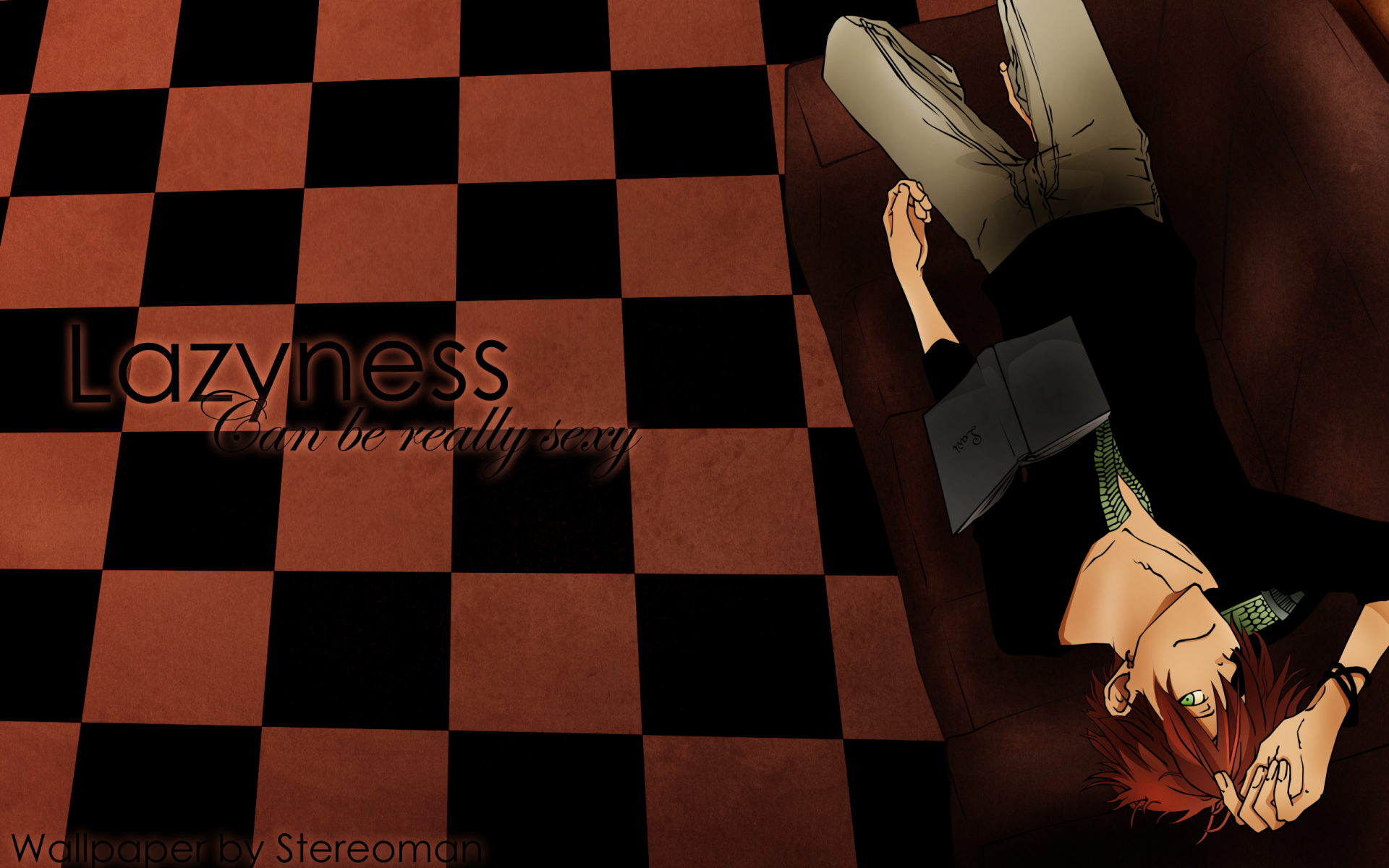 Lavi (D.Gray-man) reclines on a red-and-black checkerboard floor, anime 2K Quad HD PC desktop wallpaper/background.