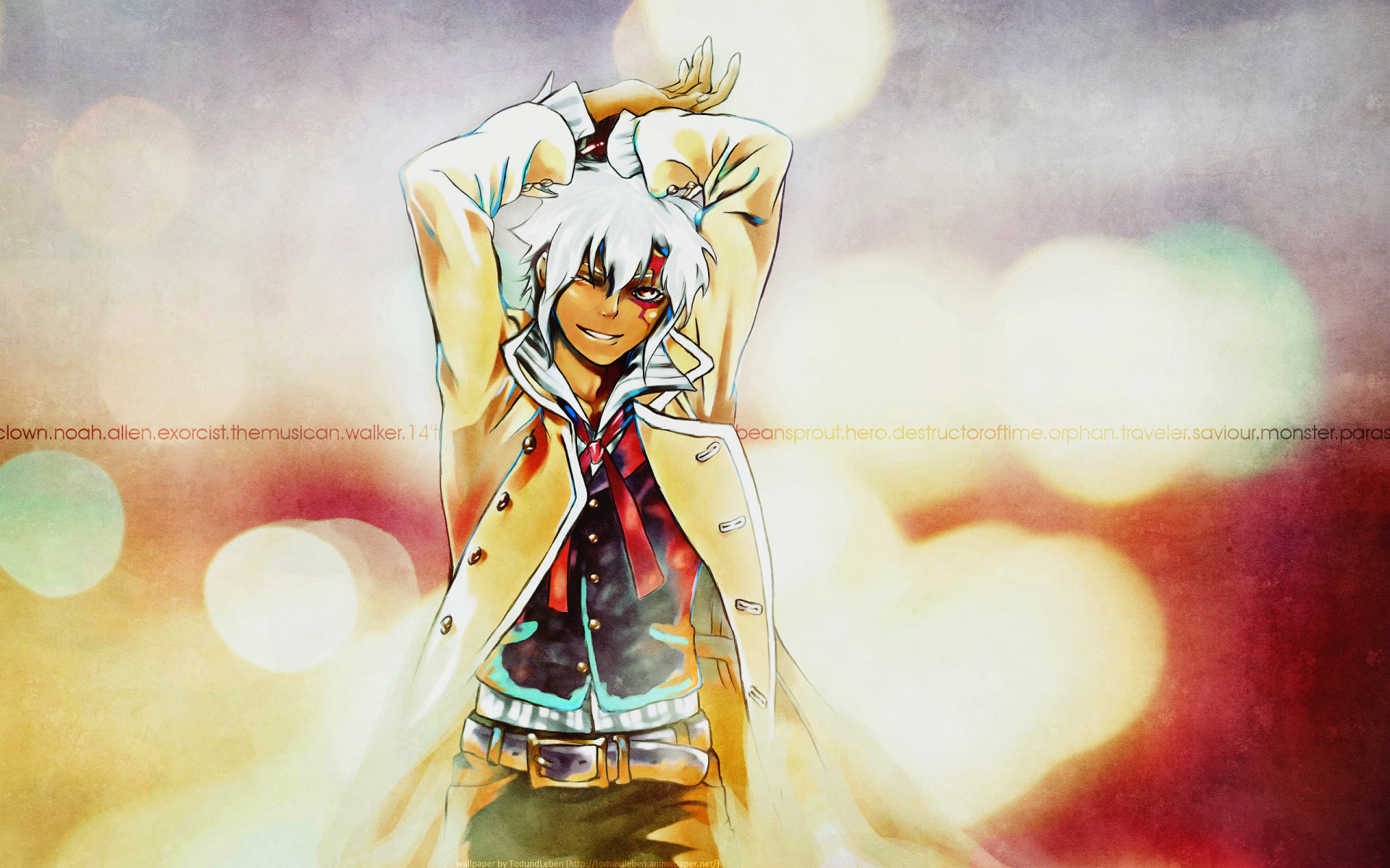Allen Walker (D.Gray-man) smiling with hands behind his head, white hair and red facial mark, wearing a coat against warm bokeh lights — 2K Quad HD anime PC wallpaper background.