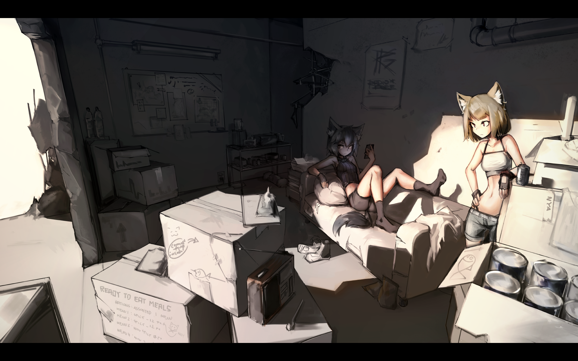A vibrant anime scene featuring two characters among boxes in a stylized room, serving as a captivating 4K Ultra HD PC desktop wallpaper and background.