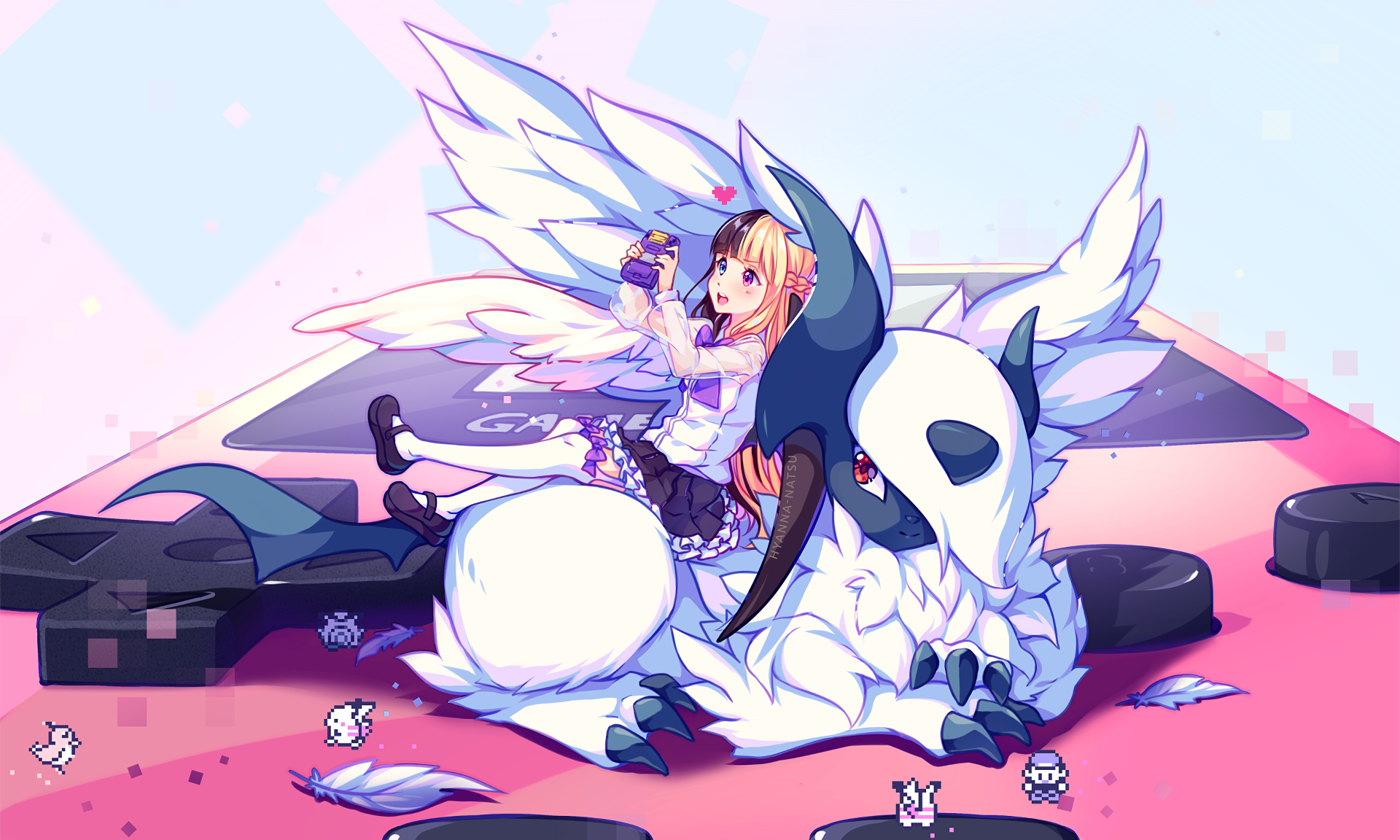 HD anime-style original artwork featuring a girl with wings sitting beside a large, mythical white creature with a skull-like face, set against a soft pastel background.