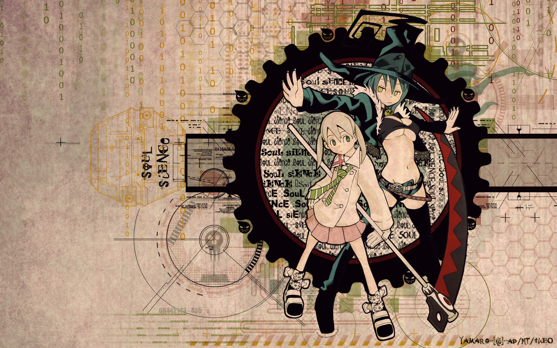 HD PC desktop wallpaper featuring two characters from the anime Soul Eater, set against a background of mechanical gears and abstract digital patterns.