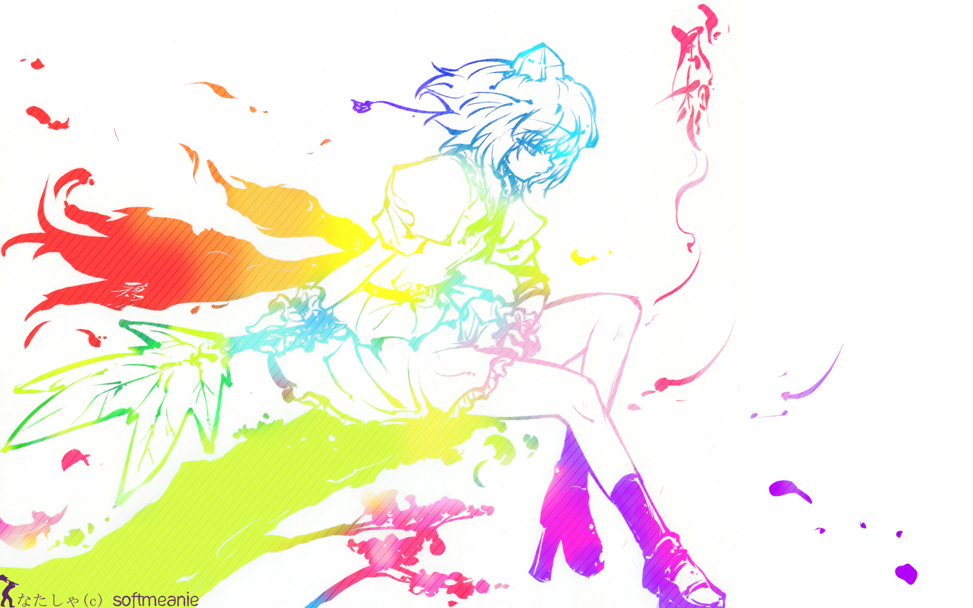 HD PC desktop wallpaper featuring Aya Shameimaru from Touhou in a vibrant, colorful anime-style design with dynamic, flowing effects.