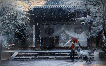 Ethan stands under a red umbrella in a snowy landscape, accompanied by Absol, set against a traditional backdrop, inspired by Pokémon: Gold and Silver. HD desktop wallpaper.