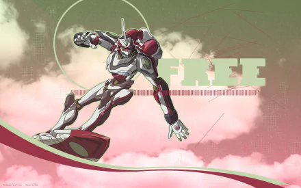 Eureka Seven anime HD PC desktop wallpaper of a mecha riding a surfboard above pink clouds, sun halo behind, 'FREE' text across the sky.