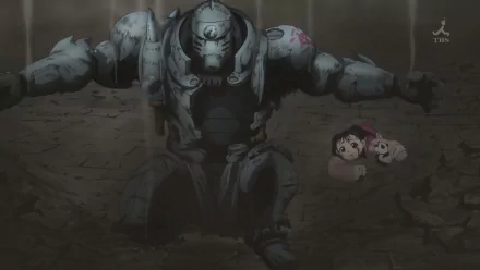 A high-definition wallpaper featuring Alphonse Elric protecting Shao May and May Chang in a tense moment from the anime Fullmetal Alchemist. Dark, immersive scene evokes strong emotions.