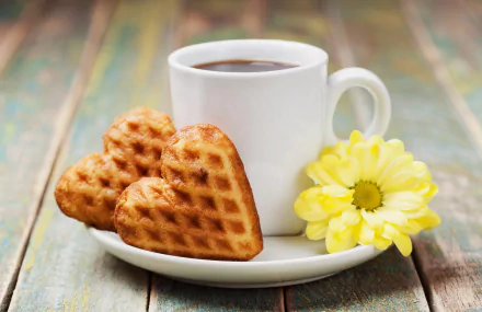 HD PC desktop wallpaper: white coffee mug with heart-shaped waffles and a yellow daisy on a saucer, rustic wooden table background.